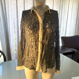 Anthropologie Maeve Long Sleeve Lace Top Cornflower Blue & White Size 6 Unlined